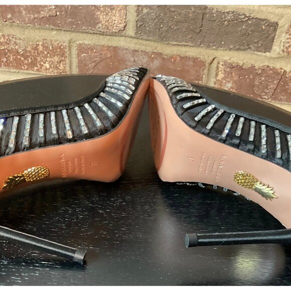 Aquazzura Black Mesh Crystal Embellished Stiletto Heels Pumps - Picture 6 of 9